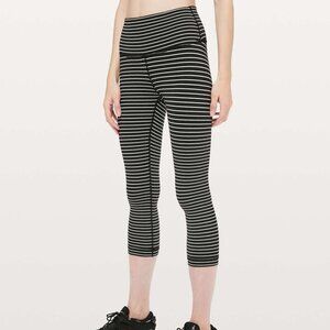 Lululemon Wunder Under Crop Legging Women 6 Black White Stripe High Rise Pant